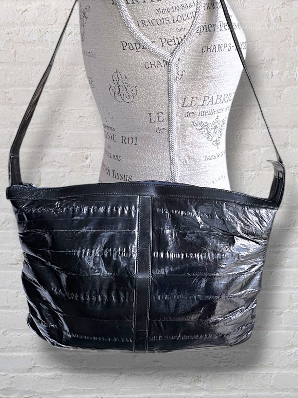 Vintage Genuine Eel Skin Leather Shoulder Bag Blue Exotic Korea Slouchy Hobo